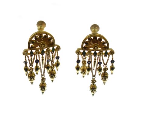 Robert Phillips - Pair of Victorian Archaeological Revival gold and enamel earrings, the demi-lune top with screw fittings wi