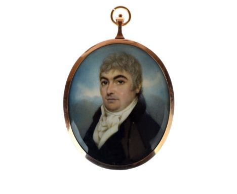 Nathanial Plimmer (1757-1822) - Oval miniature - Portrait of a man wearing a blue jacket and white cravat, 6.5cm x 5.5cm, the
