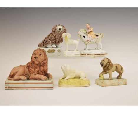 Wood & Caldwell pearl ware figure of a recumbent lion, 12.75cm wide, a small early 19th Century earthenware figure of a lion,