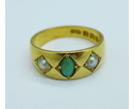 A Victorian 18ct gold, pearl and jade ring, Birmingham 1882, 5g, N