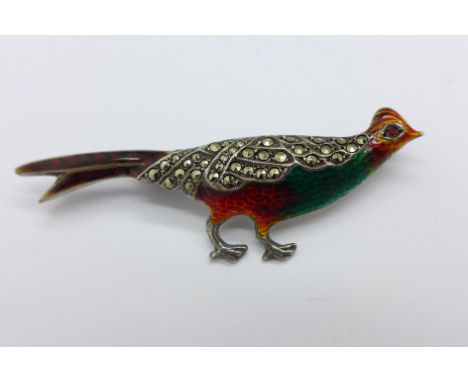 A silver, enamel and marcasite pheasant brooch
