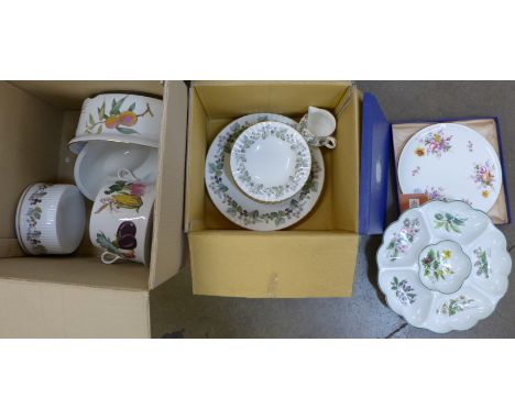 A Royal Worcester Lavinia fruit set with eight dishes, a large dish and cream jug, a Worcester Herbs dish, a Derby Posies cak