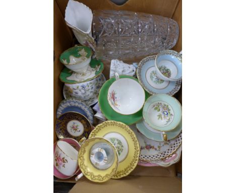 Four Foley china cabinet cups and saucers and three others, a Minton dish, other decorative china, a heavy cut glass vase and