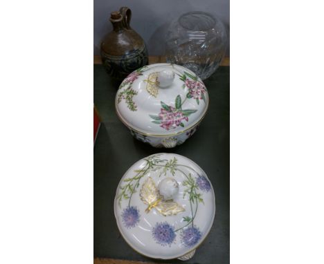 Two Spode vegetable dishes and covers, a Cornish stoneware flagon and a globular crystal vase