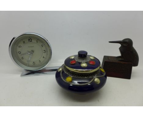 A Conquest chrome Art Deco clock, a lidded pot and a carved wooden kingfisher trinket box