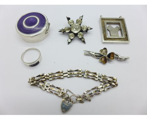 A silver and enamel pill box, a Victorian hallmarked silver 'star' brooch, a silver and Blue John clover brooch, a silver and