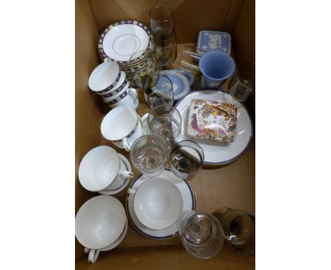 A box of china and glass including Royal Crown Derby Kedleston teaware, an Olde Avesbury dish, seconds, Royal Worcester cups 