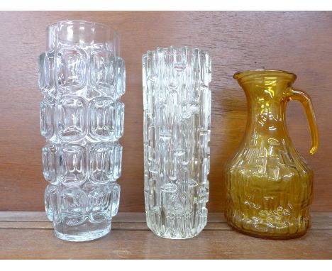 Two vintage Czechoslovakian glass vases, one a/f, and a jug marked Italy, tallest 28cm
