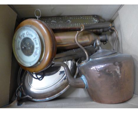 A kettle, a tureen, a barometer, cribbage board, balance scales, a water bottle and a fire extinguisher