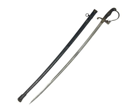 Prussian artillery officer's sword, with 80cm slightly curving fullered  blade, brass hilt with D-shaped langets, curving knu