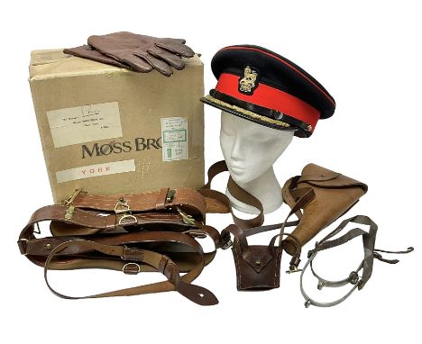 British Army General Staff officer's peaked cap by Herbert Johnson London in Moss Bros. delivery box; two officer's Sam Brown