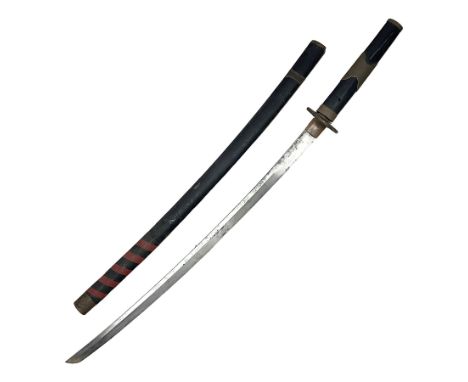 Good quality Japanese sword blade with later WWII fittings and scabbard  - 67.5cm slightly curving blade with unmarked tang, 