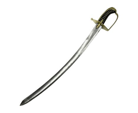 Late 18c style French Model 1790 Hussars sword with (reduced) 65cm curving fullered blade and replacement brass hilt with ova