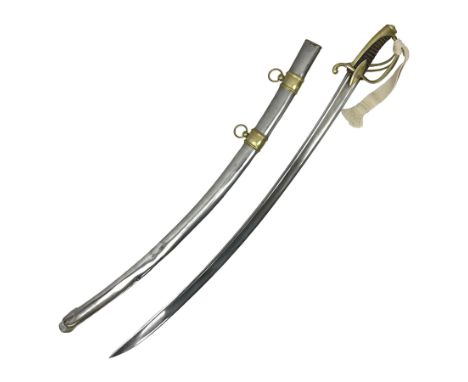 19th century French Chasseur a Cheval de la Guard trooper's sword with 86.5cm slightly curving fullered blade, brass three-ba