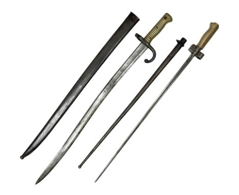 19c French Model 1866 sabre bayonet the 57cm curving blade with armoury mark for 1871; in original scabbard with matching ser