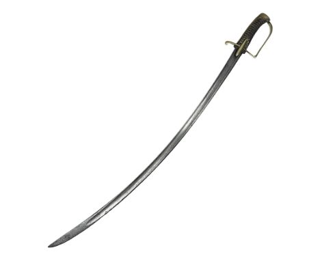 18th century French Light Dragoons trooper's sword c1770, the 84cm curving fullered blade with traces of engraved battle trop