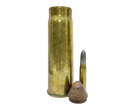 WWI trench art 13-pound anti-aircraft brass shell case engraved Alexandra Princess of Wales, Yorkshire Regiment, bears marks 