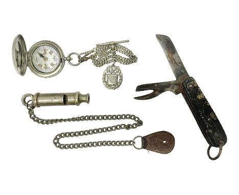 WWI J. Hudson & Co. Birmingham trench whistle dated 1915 on chain with leather button fob; WWI Dennison Mk.VI pocket compass 