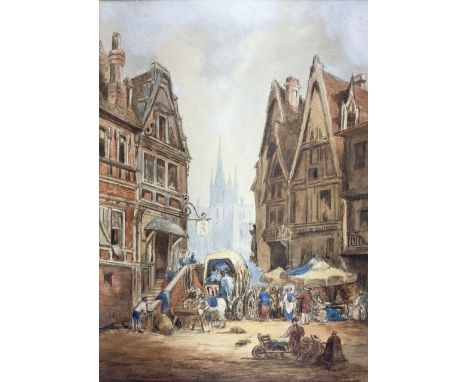 Early 20th century Continental School - watercolour of a Munich street scene entitled verso 'Markttag direkt an der Marienpla