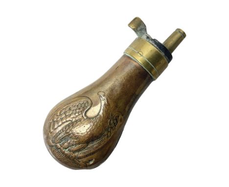 Colt pistol copper and brass powder flask embossed with an eagle H11cmCondition Report:Small split to joint and minor dinting