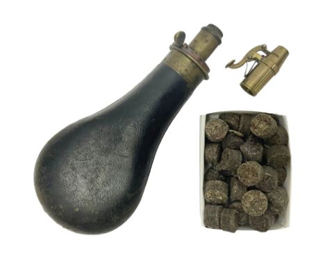 19th century James Dixon & Sons Sheffield leather covered powder flask to dispense 2 1/4 - 3 drams L19cm; French adjustable p