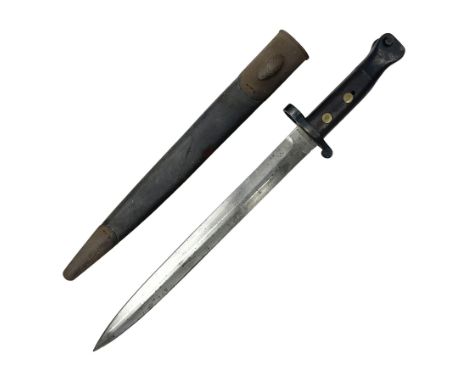 British Pattern 1888 knife bayonet, the 30cm double edged blade by Sanderson with central raised medial ridge and various mar