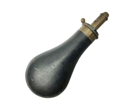 19th century James Dixon & Sons leather covered powder flask with patent action adjustable shot measure to dispense 2 1/4 - 3