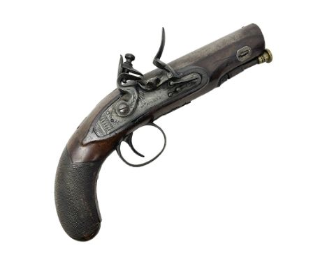 Early 19th century Wm. Hollis flintlock belt or pocket pistol, approximately 20 bore, the 10cm barrel with ram rod under, eng