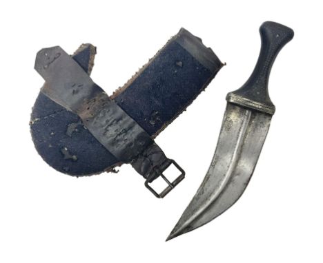 Eastern Jambiya, the 19cm double edge steel blade with raised medial ridge, waisted horn grip with pique work and white metal