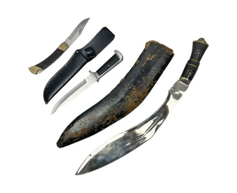 Indian large kukri with 39cm curving blade and horn grip; in leather covered scabbard L51cm overall; an 'Original Bowie Knife