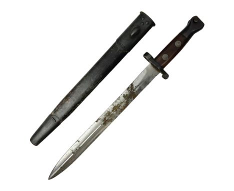 British Pattern 1888 knife bayonet, the 30.5cm double edged blade with raised central medial ridge; in leather covered scabba