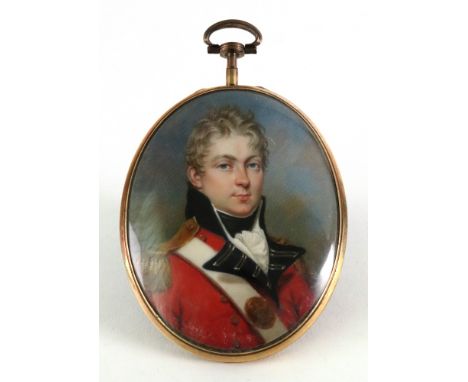 English School, circa 1805, A portrait miniature of an officer wearing a scarlet jacket with blue facings and standing collar
