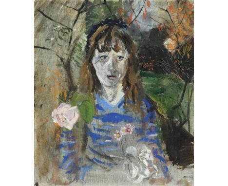 Jean Cooke (British, 1927-2008), Portrait of a lady with flowers, signed 'J. Cooke' (lower right), oil on canvas, 35 x 30cm. 