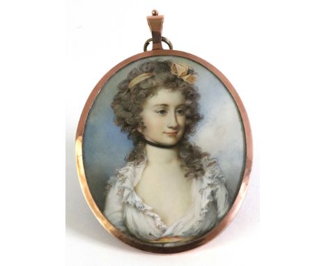 Follower of George Engleheart (British, 1752-1829), A portrait miniature of a lady wearing a white dress with a gold waistban