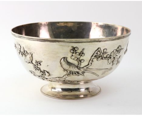 A Chinese export silver bowl, Wang Hing & Co, circa 1900, the sides with raised decoration of birds amongst flowering branche