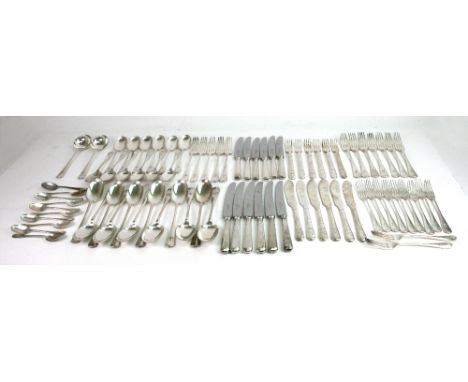 A Hanoverian rat tail pattern electroplate canteen, S D Neill, 58 pieces and 6 pairs of foliate engraved fish knives and fork