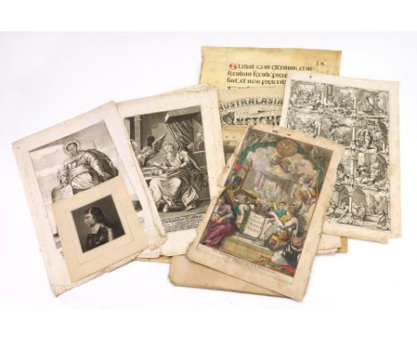 An Illuminated manuscript on vellum, probably 17th/18th century, 53 x 35cm, pages of black and white engravings and two hand 