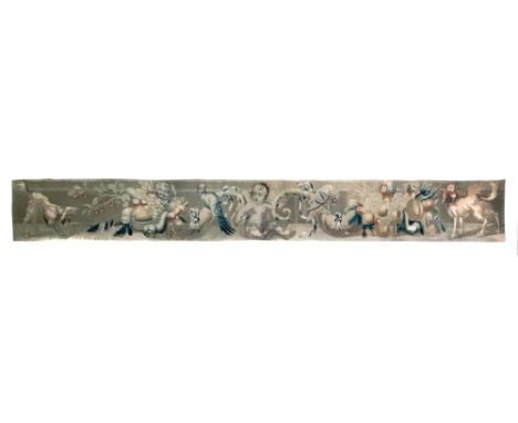 A tapestry panel, probably French, 18th century, centred by a cherub flanked by fruit filled ribbon tied cornucopia, a bird a