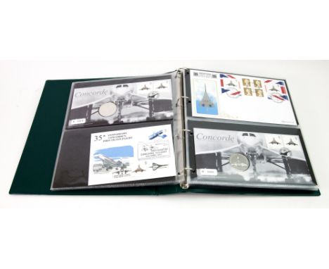 Concorde Interest - a green first day cover album containing a collection of fifty four Concorde covers various, some signed,