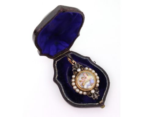 A French pearl, rose-cut diamond and portrait miniature pendant brooch, late 19th century, the circular painted enamel plaque