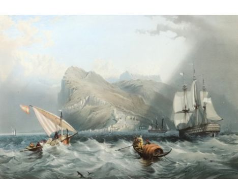 A large colour print of ships in a choppy swell off Gibralta, 42.5 x 62cm, together with another large colour print of women 