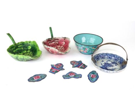 Two Chinese enamel water droppers, 19th century, each in the form of a peony with twig handles forming the spout, 20cm length