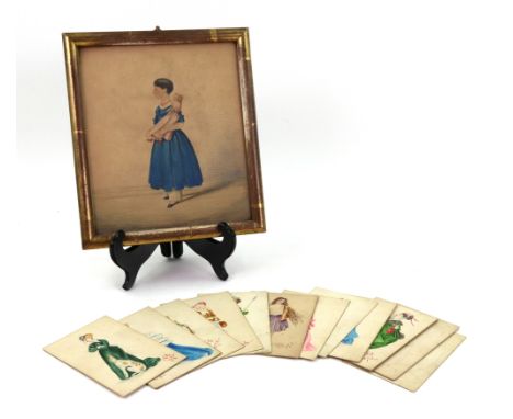 English School, 19th Century, A collection of twelve miniature portraits of women in various costume, each initialled 'F B', 