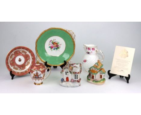 A Victorian Staffordshire cottage pastille burner, 12.5cm high, a pottery model cottage, a Coalport dish, painted with a flor