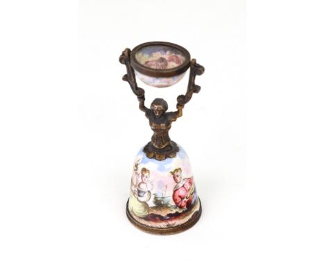 A Viennese silver gilt and enamel miniature wager cup, circa 1900, painted around the sides with figures in a continuous land