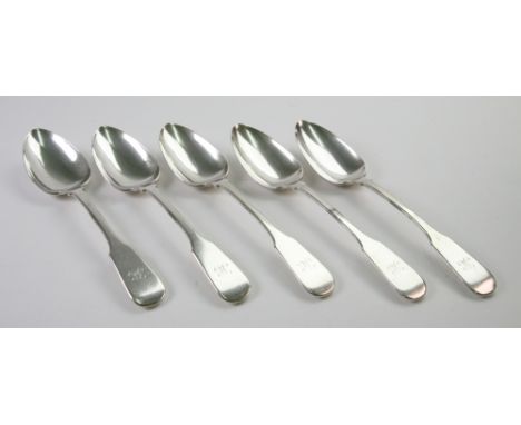 A set of five Chinese Export fiddle pattern silver tablespoons, Khecheong, Canton, circa 1840 - 1870, 12ozs, initialled 'H'.