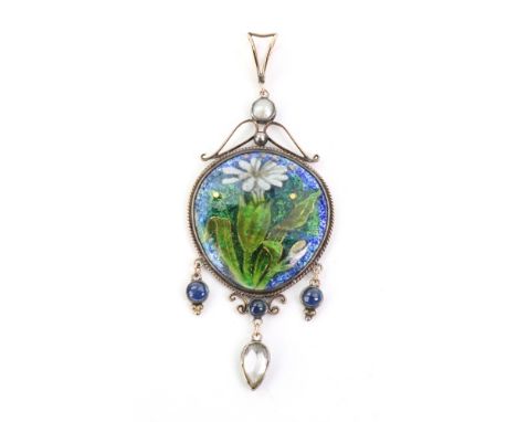 An Arts & Crafts enamel pendant in the manner of George Hunt, the oval panel depicting a daisy on a blue ground, in a twisted