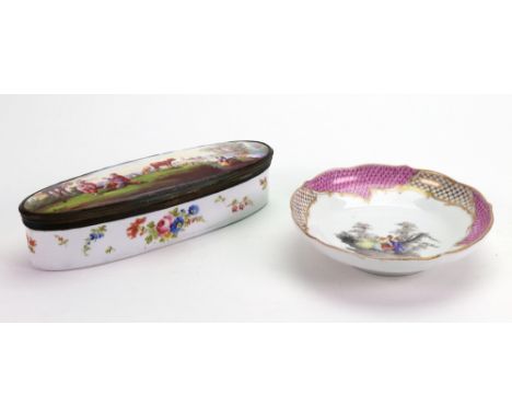 A French enamel gilt-metal mounted oblong box and hinged cover, late 19th century, the cover painted with figures and animals