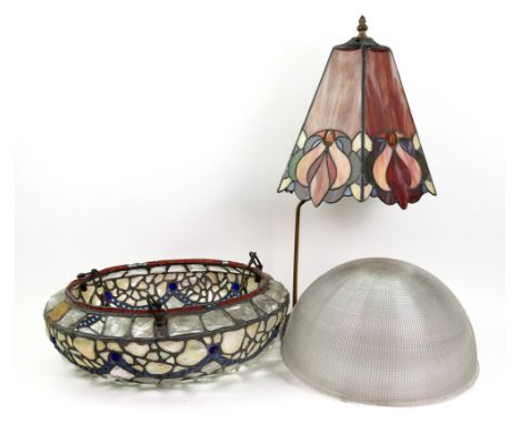 A Tiffany style hexagonal lamp shade, 33cm high, with a lamp base, a similar style plafonnier, a wrought metal six-light chan