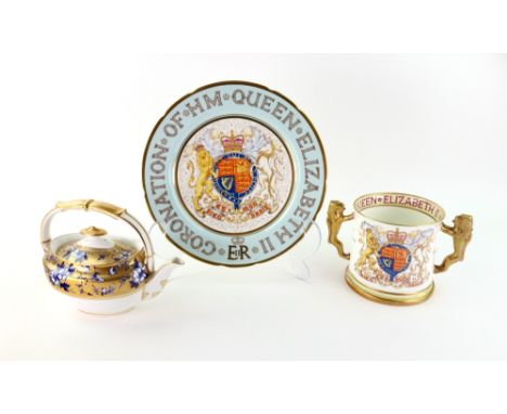 A Paragon china loving cup to Commemorate the Coronation of Elizabeth II, June 2nd, 1953, 12cm high, a matching plate, 27cm d